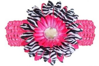Hot Pink Black White Zebra Jewel Gerbera Daisy Flower Pink Crochet Headband Gerber   girls child baby toddler apparel head hair band bow bows girl soft infant youth accessory: Clothing