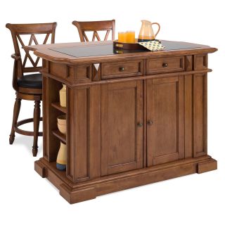 Home Styles Large Kitchen Island Set with 2 X Back Leather Stools   Cottage Oak   Kitchen Islands and Carts