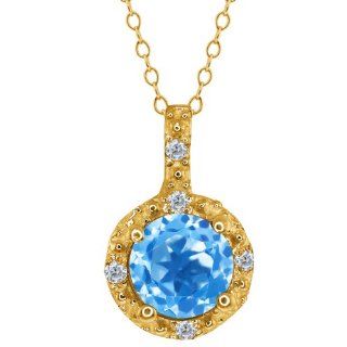 0.63 Ct Round Swiss Blue Topaz and White Diamond 18k Yellow Gold Pendant Jewelry