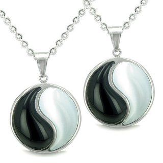 Amulets Love Couple or Best Friends Forever Balance Yin Yang Magic Medallions Man Made Black Onyx and White Cat's Eye Pendants Necklaces Best Amulets Jewelry