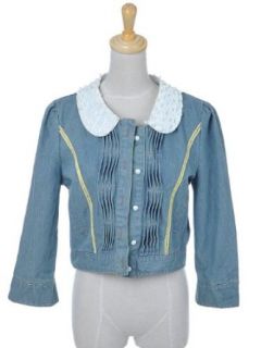 Anna Kaci S/M Fit Faux Pearl Beaded Collar Yellow Lace Trim Denim Button Up at  Womens Clothing store