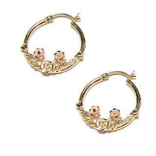 14k Yellow and Rose Gold, Mis 15 Anos Quinceanera Design on Hollow Round Tube Hoop Earring 20mm Inner Diameter: Jewelry