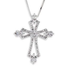 14k White Gold Round Baguette Diamond Cross Necklace: Pendant Necklaces: Jewelry