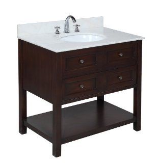 New Yorker 36 inch Bathroom Vanity (White/Chocolate): Includes a Chocolate Cabinet, Soft Close Drawers, a White Marble Countertop, and a Ceramic Sink    