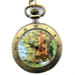 Eiffel Tower Case Yellow Dial Roman Numerals Antique Punk Pocket Watch with Chain: Watches
