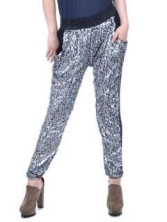 Anna Kaci S/M Fit Silver Tone Sequin Zebra Print Design Loose Fit Leggings Pants at  Womens Clothing store: