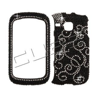 Samsung I857 I 857 DoubleTime Double Time Cell Phone Full Crystals Diamonds Bling Protective Case Cover Black with White Spiral Flower Vines Design Cell Phones & Accessories