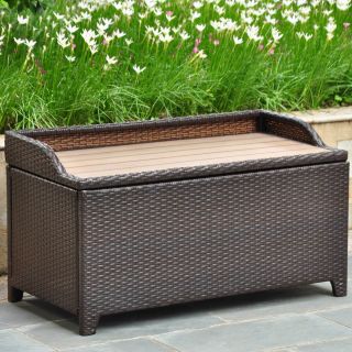Barcelona Resin Wicker Storage Deck box with Faux Wood Top   Patio Tables