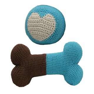 Hip Doggie Crochet Toys   Blue Bone and Blue Ball Set   Plush Dog Toys