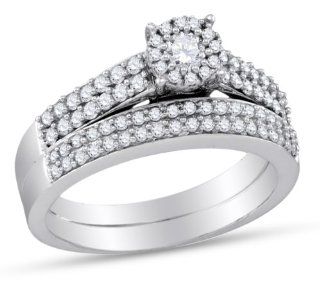 14K White Gold Round Brilliant Cut Diamond Bridal Engagement Ring and Matching Wedding Band Two 2 Ring Set   Halo Prong Set Center with Channel Set Side Stones   Classic Traditional Solitaire Shape Center Setting   (2/3 cttw.): Jewelry
