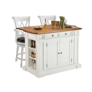 Home Styles Kitchen Island 3 piece Set   White & Distressed Oak with 2 Matching Deluxe Bar Stools   Kitchen Islands and Carts