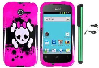 Huawei Ascend Y M866   Pink Black Heart Love Eye Cute Skull Premium Design Protector Hard Cover Case (U.S. Cellular) + Luxmo Brand Car Charger + Combination 1 of New Metal Stylus Touch Screen Pen (4" Height, Random Color  Black, Silver, Hot Pink, Gree