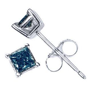 .50 Carat Brilliant Princess Cut Blue Diamond Stud Earrings SI2: TheJewelryMaster: Jewelry