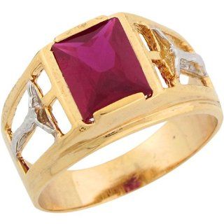 14k Two Tone Real Gold Synthetic Ruby Cross Band Religious Mens Ring: Mens Crucifix Rings: Jewelry