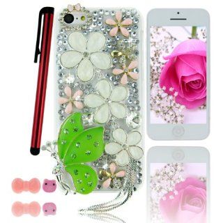 Ancerson Pink Gold White Flowers Chain Tassel Green Silver Butterfly Spirit Angel Girl Pink Bow Bowknot Bowtie Circle Handmade Bling 3D Crystal Diamond Rhinestones Hard Back Case Cover Shell Skin for Apple Iphone 5C with a Pink Stylus Touchscreen Pen, a 3.