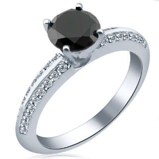 14k White Gold Round Brilliant Cut Diamond Engagement Ring Pave Set ( 1.44 Cttw, AAA Clarity, Fancy Black Color): Jewelry
