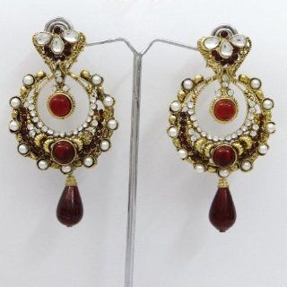 Wedding Wear Maroon CZ Earring Set Gold Tone Indian Party Chandelier Jewelry: Drop Earrings: Jewelry