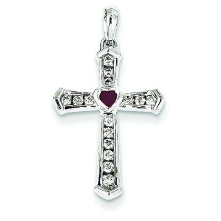 14 Karat White Gold Genuine Diamond and Ruby Heart Cross Charm: Jewelry