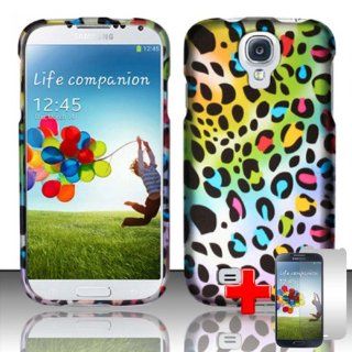 Samsung Galaxy S4 (Verizon/AT&T/Sprint/T Mobile/Ting/U.S. Cellular/Cricket) 2 Piece Snap On Rubberized Hard Plastic Case Cover, Black Cheetah Spot Pattern Rainbow Cover + LCD Clear Screen Saver Protector: Cell Phones & Accessories