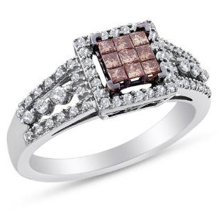 14K White Gold Halo Invisible Set Princess and Round Cut Chocolate Brown and White Diamond Engagement Ring OR Fashion Band   Square Princess Shape Center Setting   (1/2 cttw.) Jewelry
