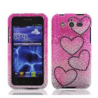 Huawei Mercury M886 M 886 / Glory Cell Phone Full Crystals Diamonds Bling Protective Case Cover White and Hot Pink Gradient with Black Falling Love Hearts Design Cell Phones & Accessories