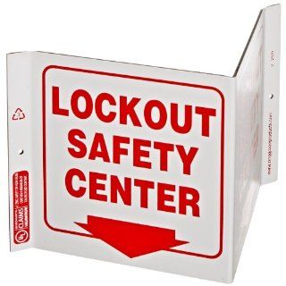 ZING 2570 Eco Safety V Sign with Picto, Legend "LOCKOUT SAFETY CENTER", 12" Width x 7" Height x 5" Depth, Recycled Plastic, Red on White: Industrial Warning Signs: Industrial & Scientific
