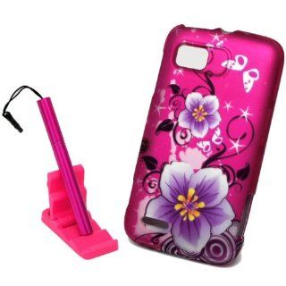 5pcs combo for AT&T Motorola Atrix 2 II MB865 Pink Purple Hawaiian Flower Butterfly Design Rubberized Snap on Hard Cover Shield Case + aluminum capacitive stylus pen + adjustable mini phone stand + LCD screen protector film + case opener tool: Cell Pho