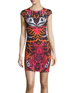 Cap Sleeve Abstract Print Knit Dress, Fuchsia