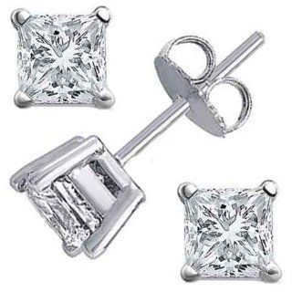 1.0 Ct Princess Cut Diamond Stud Earrings, H, SI1: Jewelry