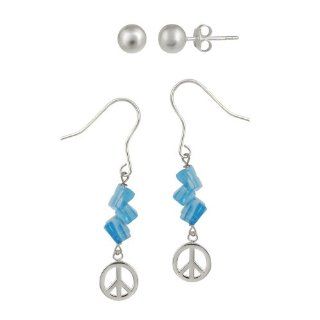 Sterling Silver Peace Sign and Blue Hand  Blown Glass Chip Linear French Wire Earrings and 6mm Stud Earrings Set: Jewelry