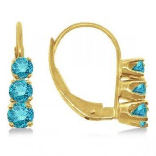 Three Stone Leverback Blue Diamond Earrings 14k Yellow Gold (0.50ct): Dangle Earrings: Jewelry