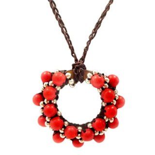 Moon Cluster Red Coral Silver Beads Accents Cotton Rope Necklace Jewelry
