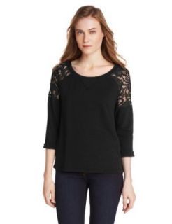 Cable & Gauge Women's 3/4 Raglan Sleeve Sweatshirt with Lace Shoulder, Black, Small at  Womens Clothing store