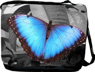 Rikki KnightTM Bright Blue Butterfly on Grey Background Messenger Bag   Shoulder Bag   School Bag for School or Work: Office Products