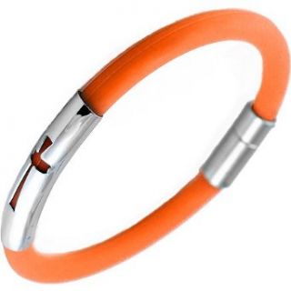 Stainless Steel Orange Round Rubber Cross Bracelet Christian & Catholic Religious Jewelry: Clothing