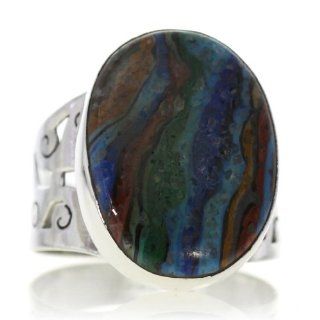 Rainbow Calsilica Women Ring (size: 8.25) Handmade 925 Sterling Silver hand cut Rainbow Calsilica color Multicolour 4g, Nickel and Cadmium Free, artisan unique handcrafted silver ring jewelry for women   one of a kind world wide item with original Rainbow 