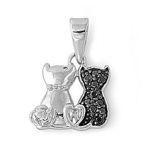 Black & White Cats Pendant Cubic Zirconia Sterling Silver 925: Jewelry