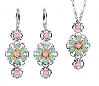 Lucia Costin Silver, Light Pink, Mint Blue Crystal Jewelry Set Jewelry