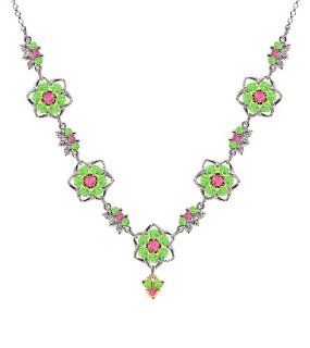 Victorian Style Lucia Costin .925 Sterling Silver with 24K Yellow Gold over .925 Sterling Silver Necklace with Twisted Lines and Leaves, Garnished with Fancy Charm, Pink and Light Green Swarovski Crystals: Collar Necklaces: Jewelry