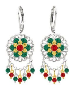 Lucia Costin Chandelier Earrings Made of .925 Sterling Silver with 24K Yellow Gold over .925 Sterling Silver Garnished with Red, Green Swarovski Crystals, Dots and Dangle Stones; Handmade in USA: Jewelry