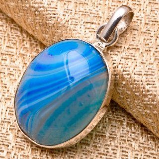 BSA3 BLUE STRIPED AGATE GEMSTONE SOLID .925 STERLING SILVER 1" STAMPED 925 GIFT PENDANT [With FREE NECKLACE]   from Hibiscus Express : Other Products : Everything Else