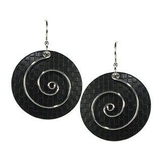 Jody Coyote Tuxedo Textured Black Circle Earrings with Silver Spiral SMP930 01: Dangle Earrings: Jewelry