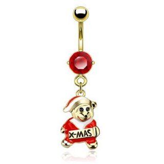 Gold Plated Belly Button Ring With Dangling Christmas Teddy Bear: Jewelry