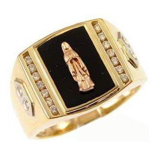 14k Tricolor Gold, Fancy Religious Ring For Men Guy Gent with Black Resin and Lab Created Gems Virgin Mother Mary: Jewelry