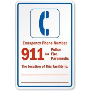 SmartSign Adhesive Vinyl Label, Legend "Emergency Phone Number 911 for Police Fire", 18" high x 12" wide, Blue/Red on White: Industrial Warning Signs: Industrial & Scientific
