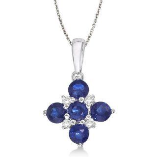 Diamond and Sapphire Cluster Pendant Necklace 14k White Gold (0.65ct): Jewelry