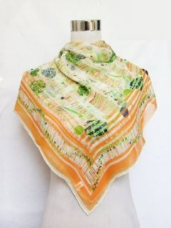 Georgette Hand Sewn Green Floral Print On Orange   Silk Square Scarf 34" x 34" at  Womens Clothing store: Fashion Scarves