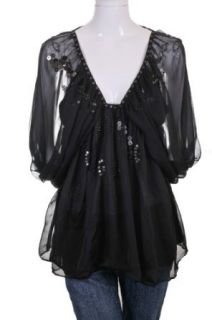 Do & Be Sequin Beaded Sheer Chiffon Balloon Poet Sleeve Romantic Gypsy Top Black L at  Womens Clothing store: Blouses