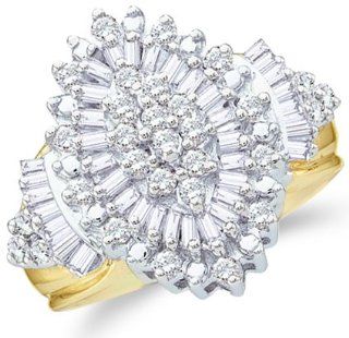 10k Yellow and White Two 2 Tone Gold Large Marquise Shape Cluster Round Cut & Baguette Diamond Engagement Ring 19mm (1.03 cttw): Right Hand Rings: Jewelry