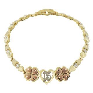 14k Tricolor Gold, 15 Anos Quinceanera Heart Flower Bracelet with Lab Created Gems 10mm Wide: Jewelry